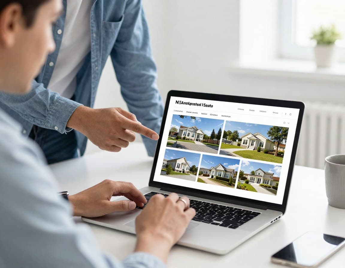 Immobilienmakler analysiert Staging-Optionen am Laptop mit Objektfotos auf dem Bildschirm