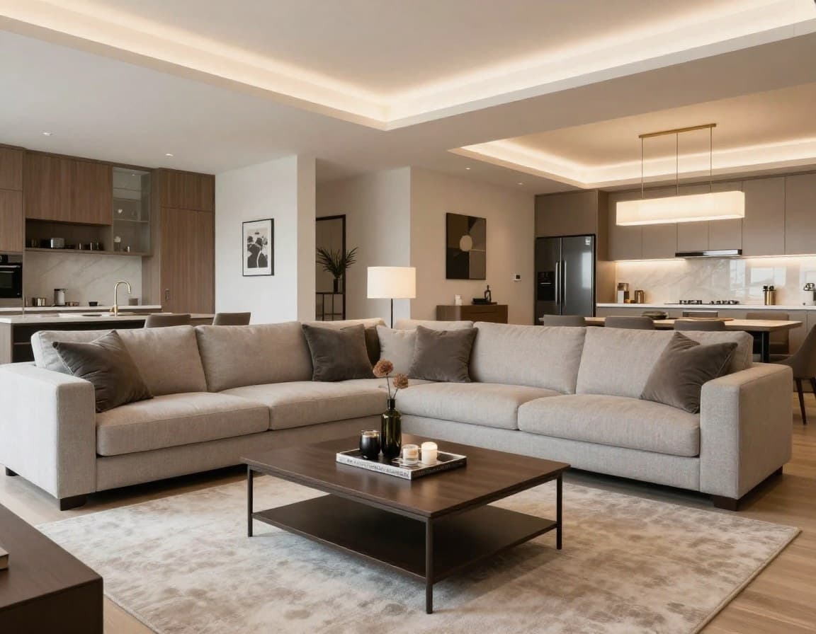 Physisch gestagtes Wohnzimmer mit hochwertigen Mietmöbeln in einer deutschen Wohnung