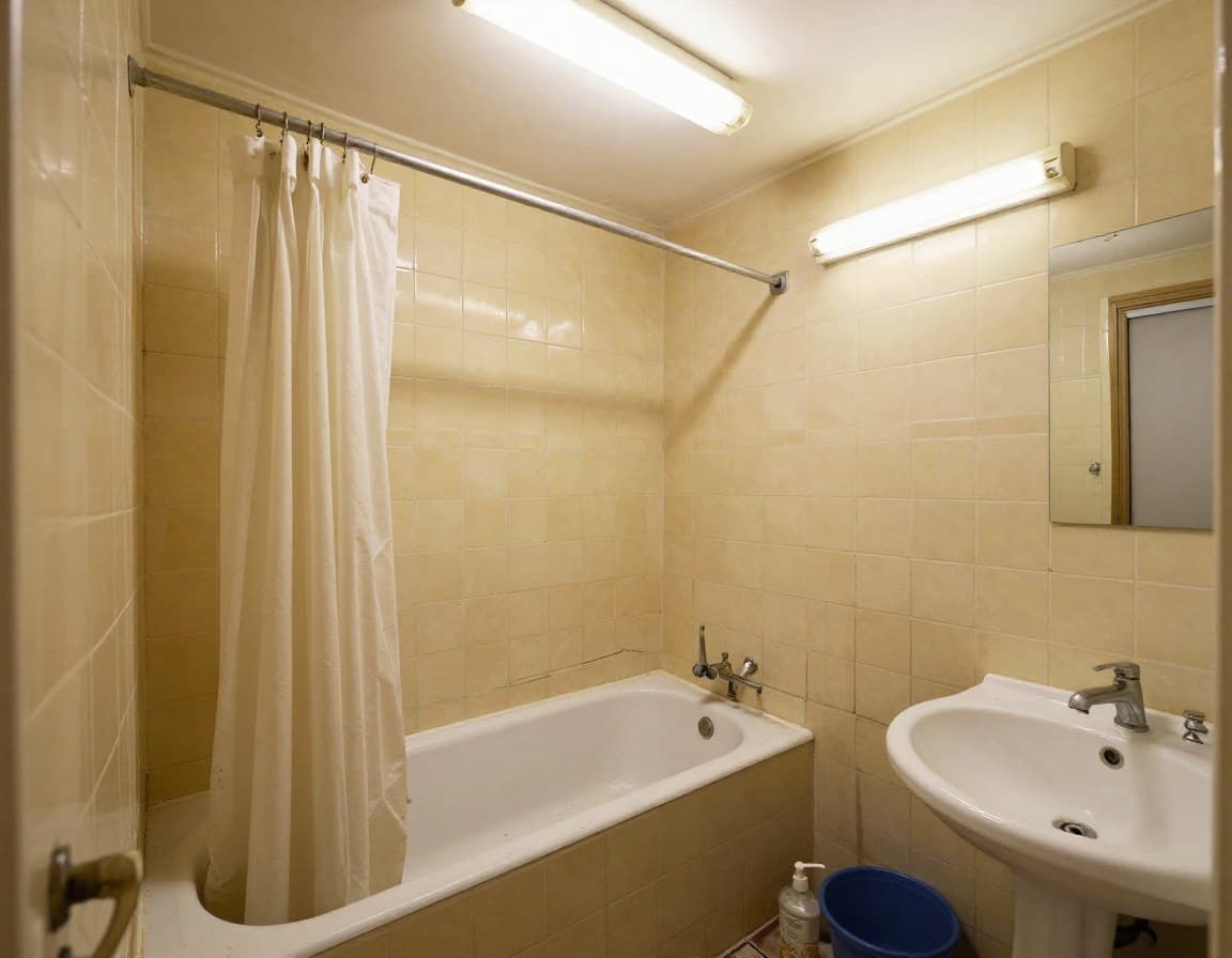 Veraltetes deutsches Badezimmer aus den 1990ern mit gelblichen Fliesen und alten Armaturen