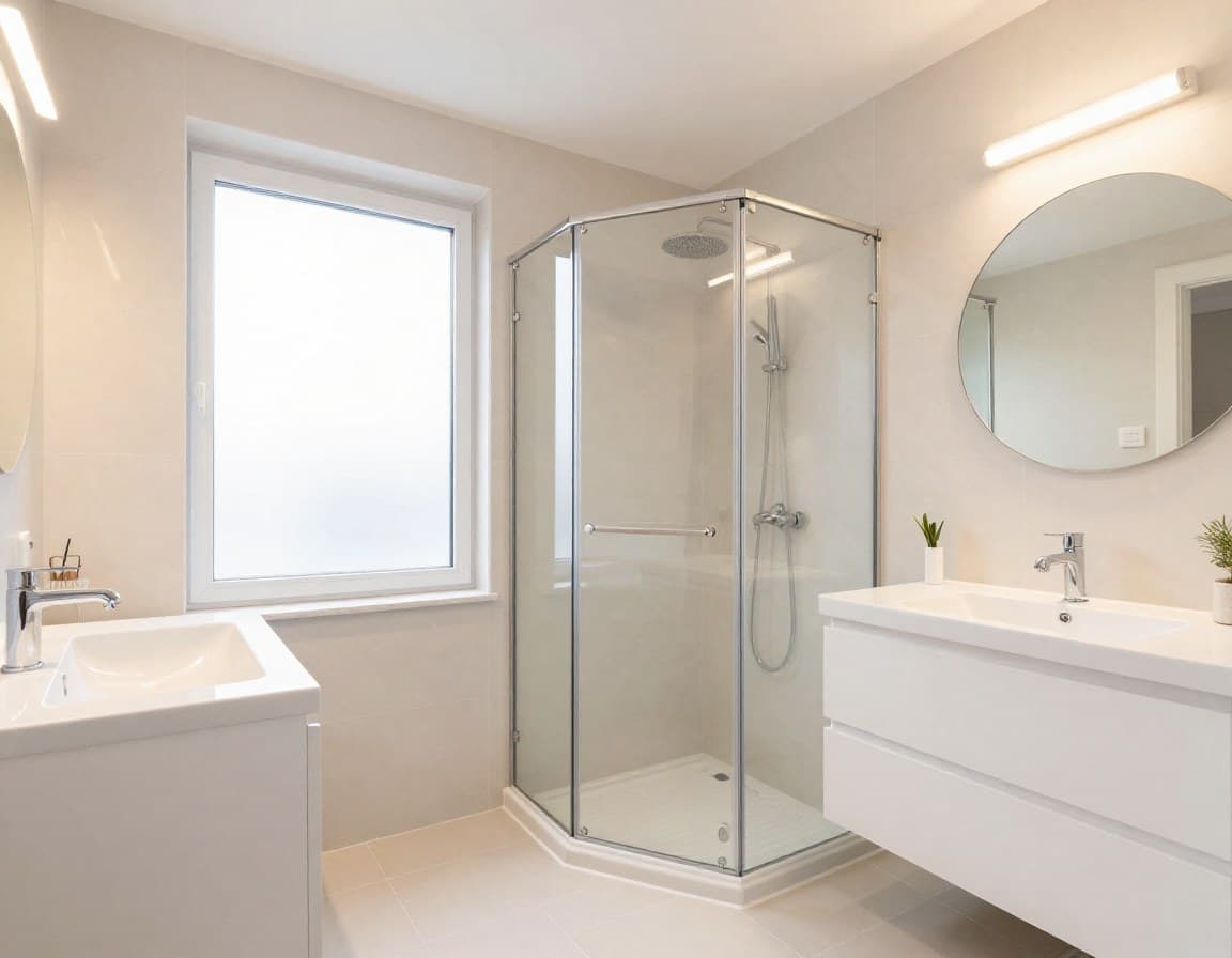 Modernes deutsches Badezimmer mit hellen Fliesen, bodengleicher Dusche und hellem Waschtisch