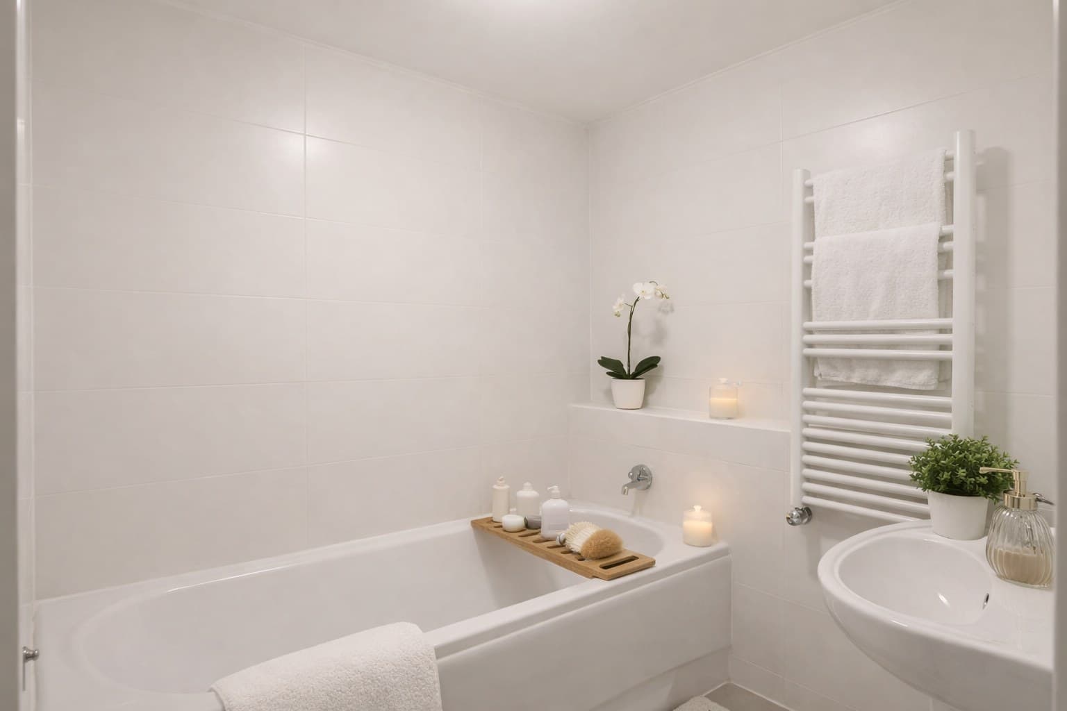 Dasselbe Badezimmer mit Virtual Staging: Handtücher, Pflanze, Seifenspender und Deko