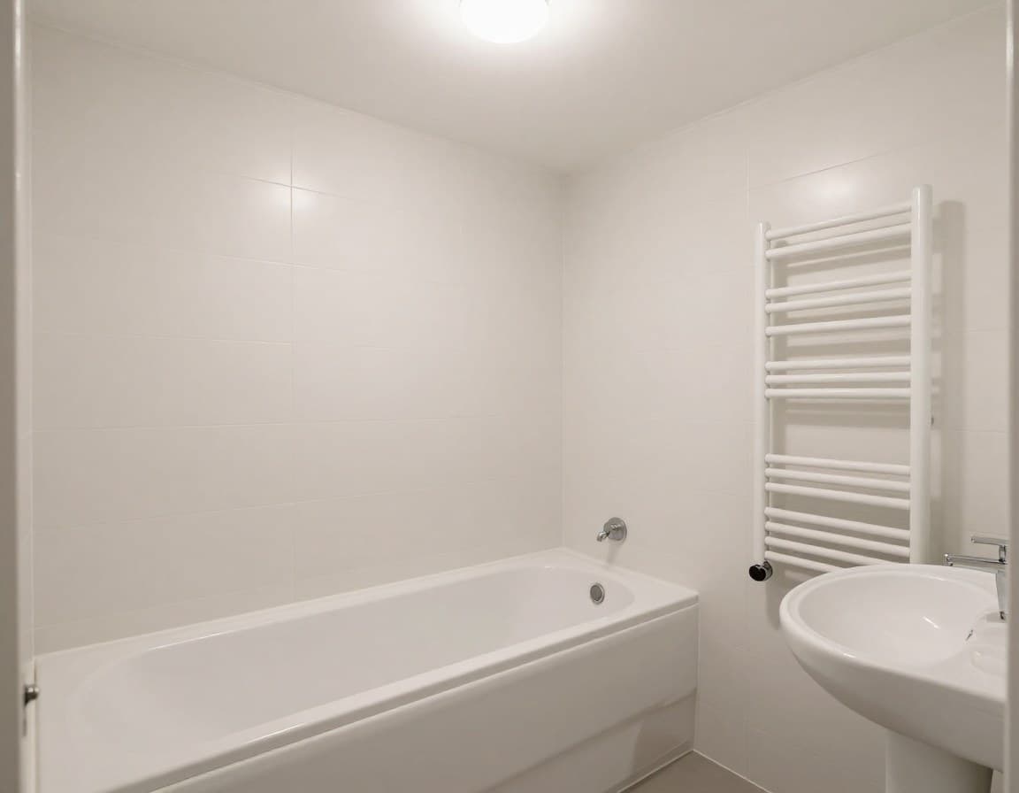 Leeres deutsches Badezimmer ohne Accessoires — steril und einladungslos