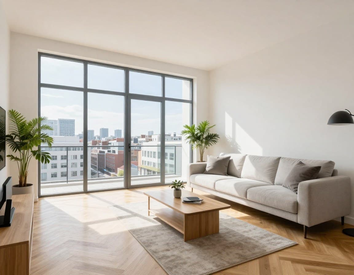 Helles modernes Wohnzimmer in einer Münchner Wohnung mit Parkettboden und großen Fenstern