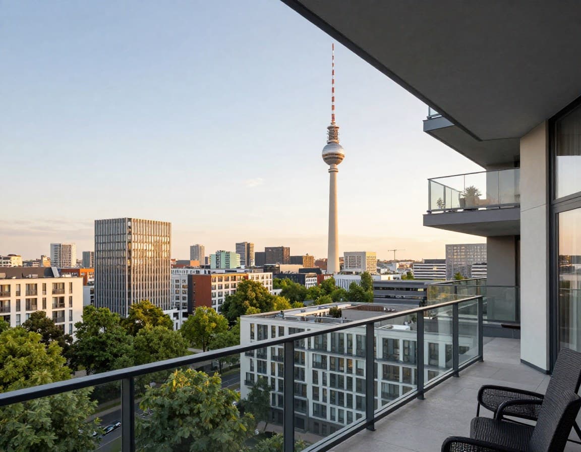 Berliner Skyline mit Fernsehturm, Blick von einem Balkon über die Stadt