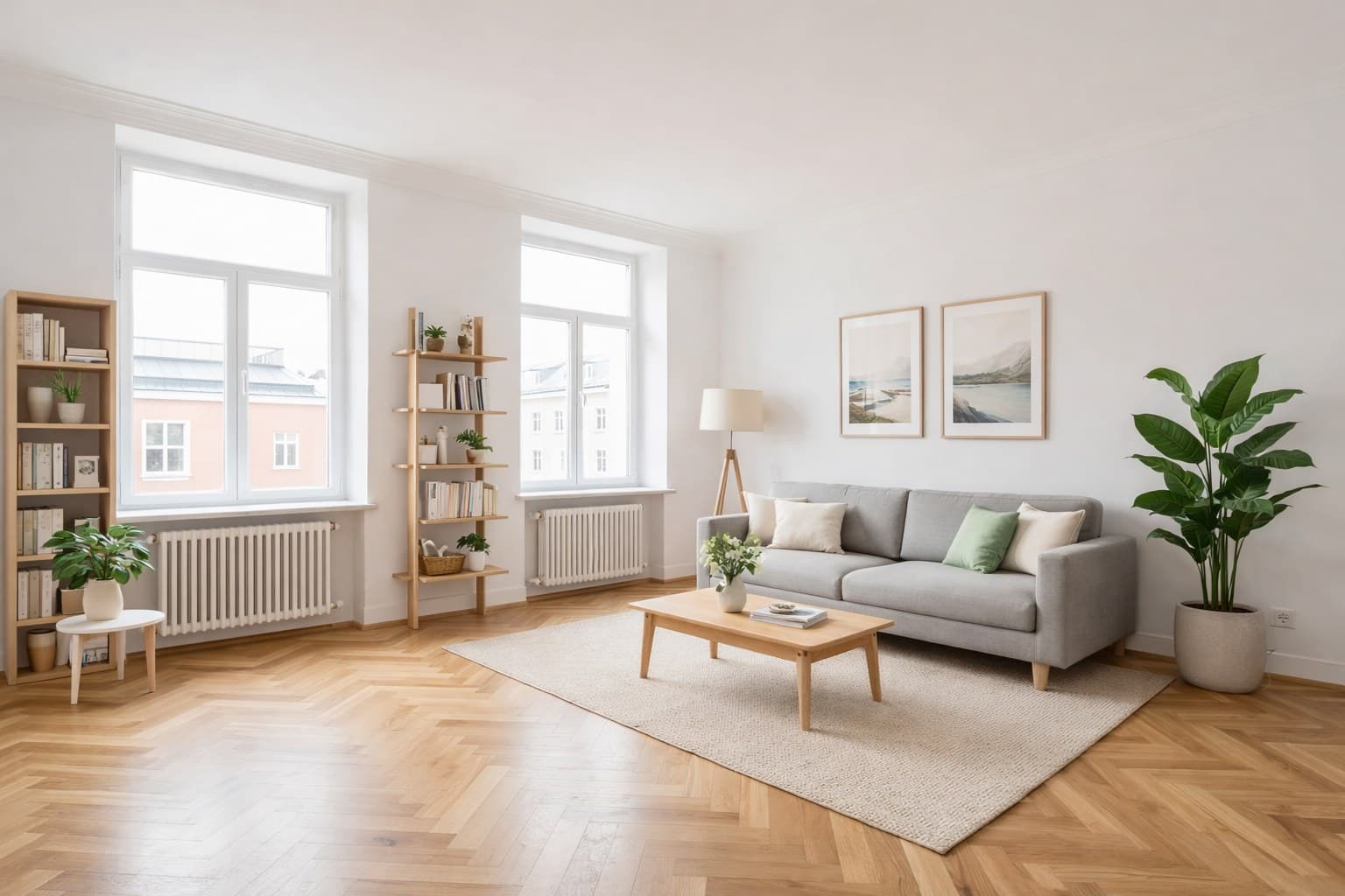 Dasselbe Berliner Wohnzimmer nach dem Virtual Staging mit modernen Möbeln