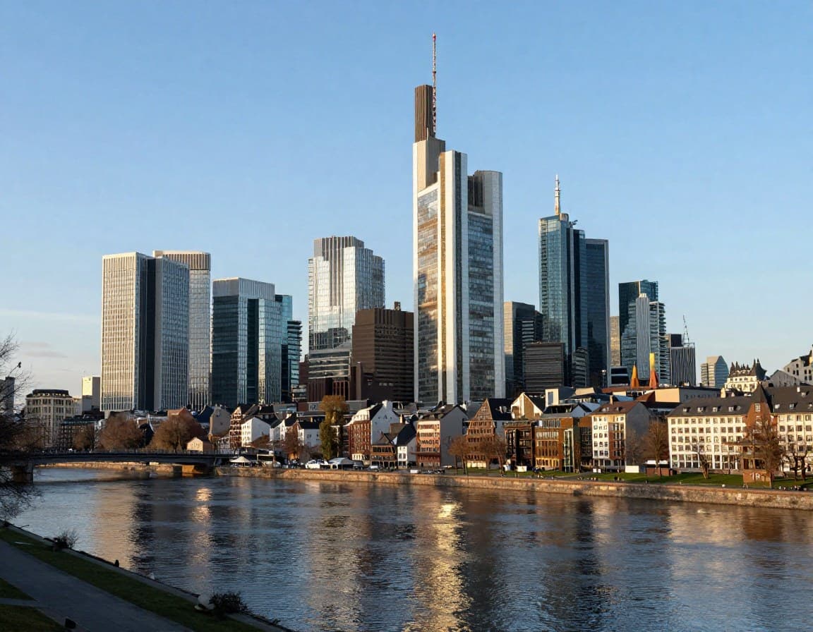Frankfurter Skyline mit Bankenviertel und Main -- teuerster Immobilienmarkt in Hessen