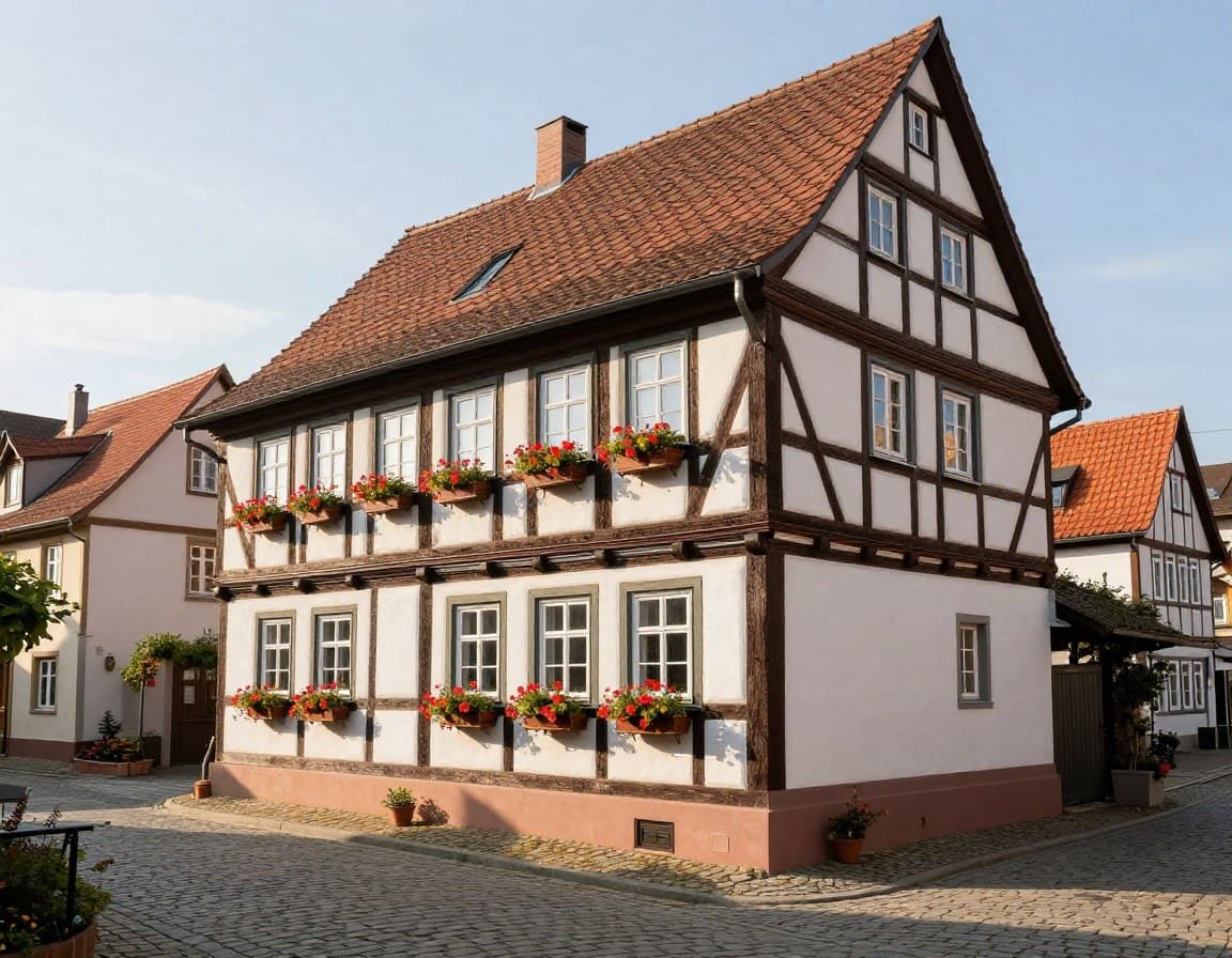 Traditionelles hessisches Fachwerkhaus mit gepflegter Fassade in einer Kleinstadt