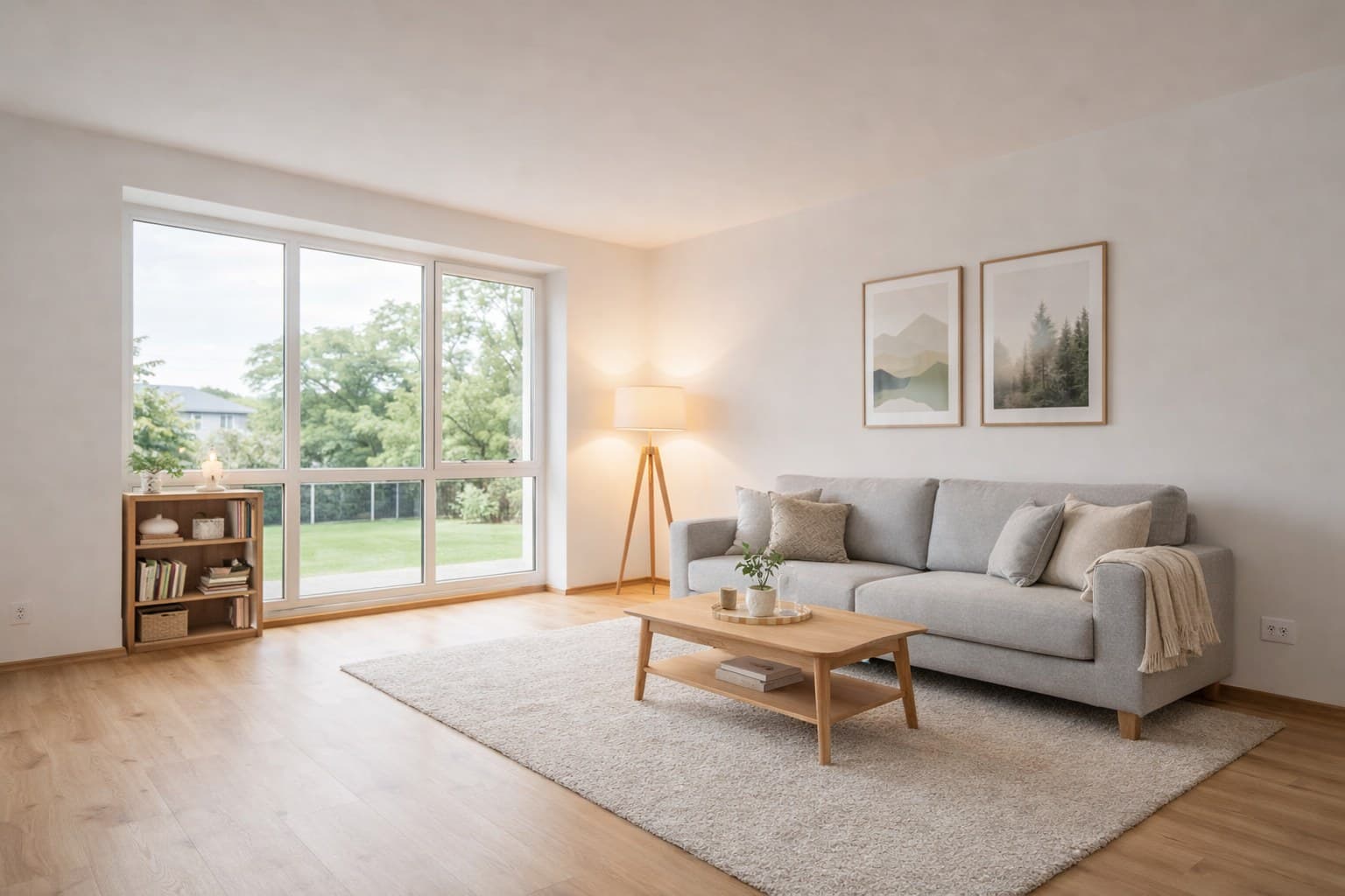 Dasselbe Wohnzimmer nach dem Virtual Staging mit modernen Möbeln