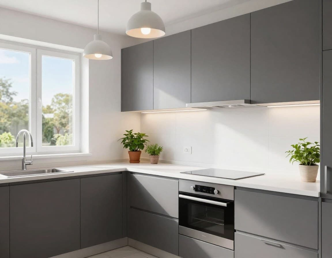 Deutsche Küche mit kleinen Upgrades: neue Griffe, moderne Beleuchtung und Kräutertöpfe auf der Arbeitsplatte