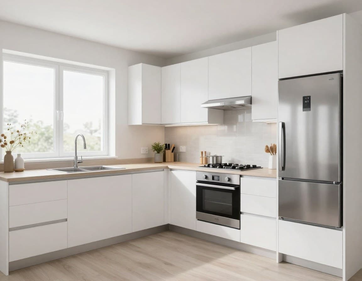 Moderne deutsche Küche mit neutralen Farben, hellen Arbeitsplatten und Edelstahlgeräten — optimal für den Verkauf