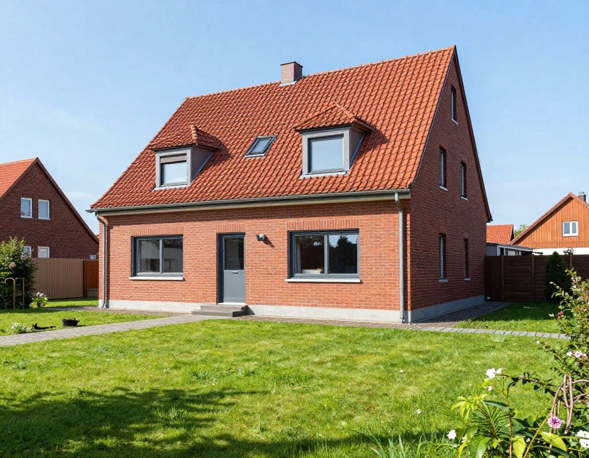 Typisches norddeutsches Einfamilienhaus mit roter Backsteinfassade und gepflegtem Garten in Niedersachsen