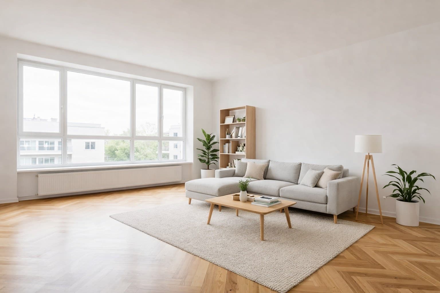 Dasselbe Wohnzimmer nach dem Virtual Staging mit modernen Möbeln