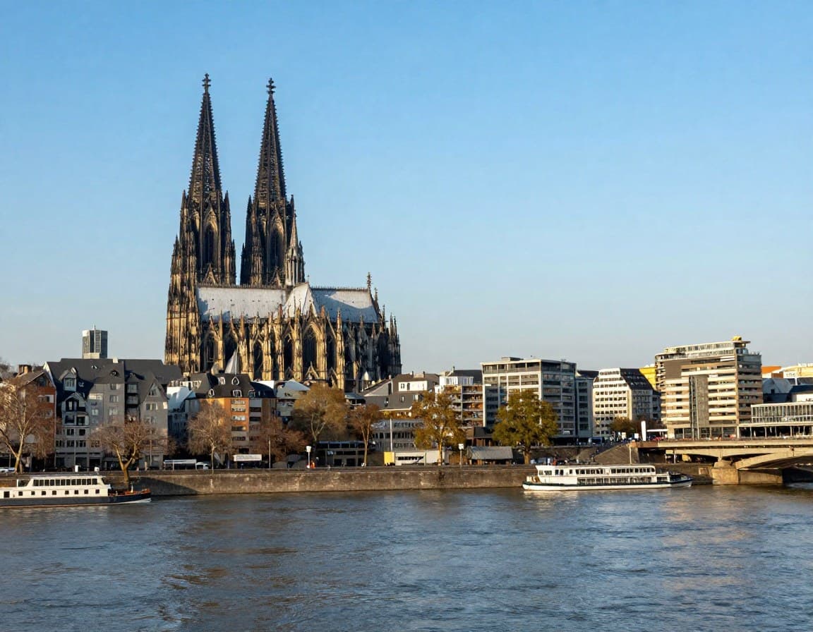 Kölner Rheinufer mit Blick auf den Dom und moderne Wohngebäude