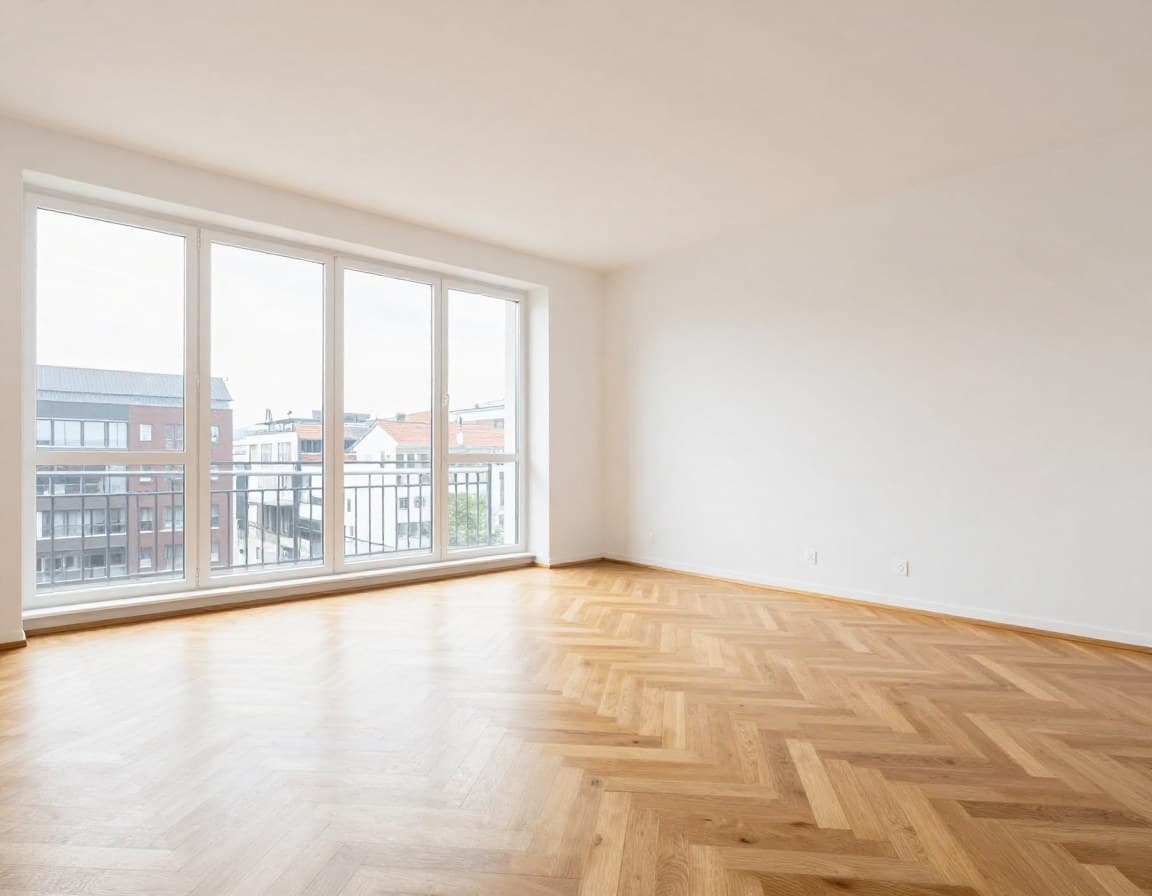 Helles modernes Wohnzimmer in einer NRW-Wohnung mit Parkettboden und großen Fenstern