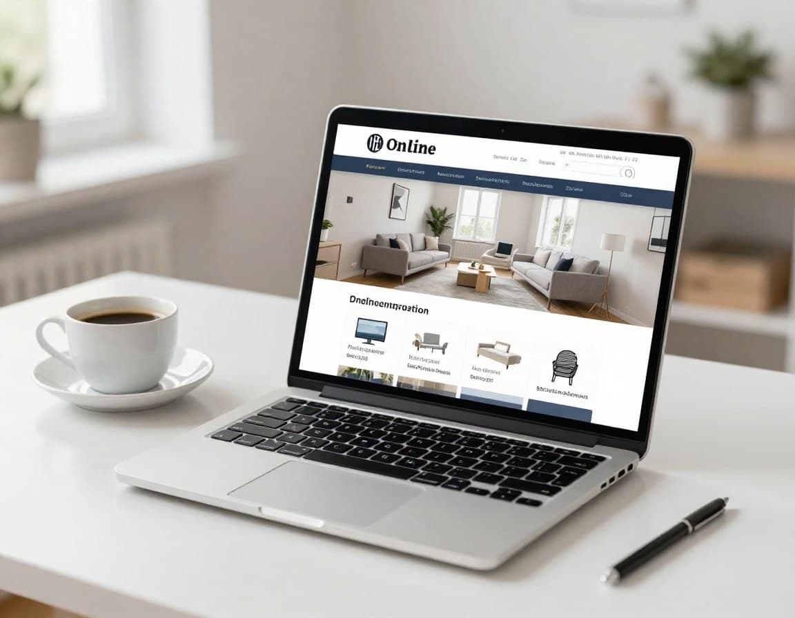 Laptop mit Immobilieninserat und gestagten Fotos auf dem Bildschirm