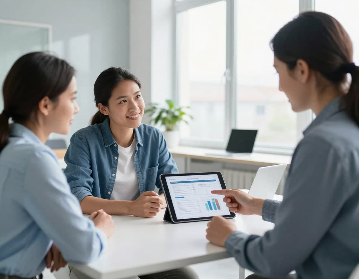 Immobilienmakler zeigt Preisanalyse auf Tablet bei Beratungsgespräch