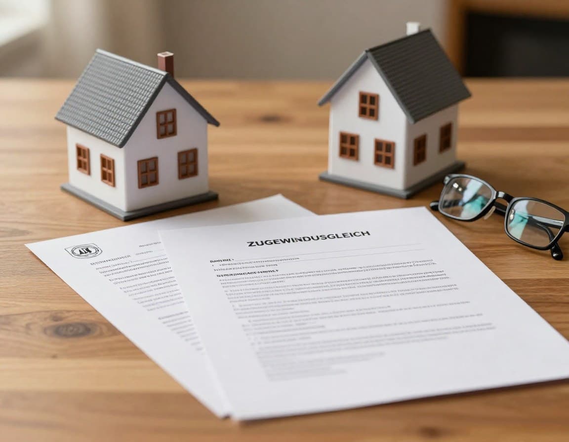 Scheidungsdokumente und Modellhaus auf Schreibtisch — Zugewinnausgleich und Immobilienbewertung