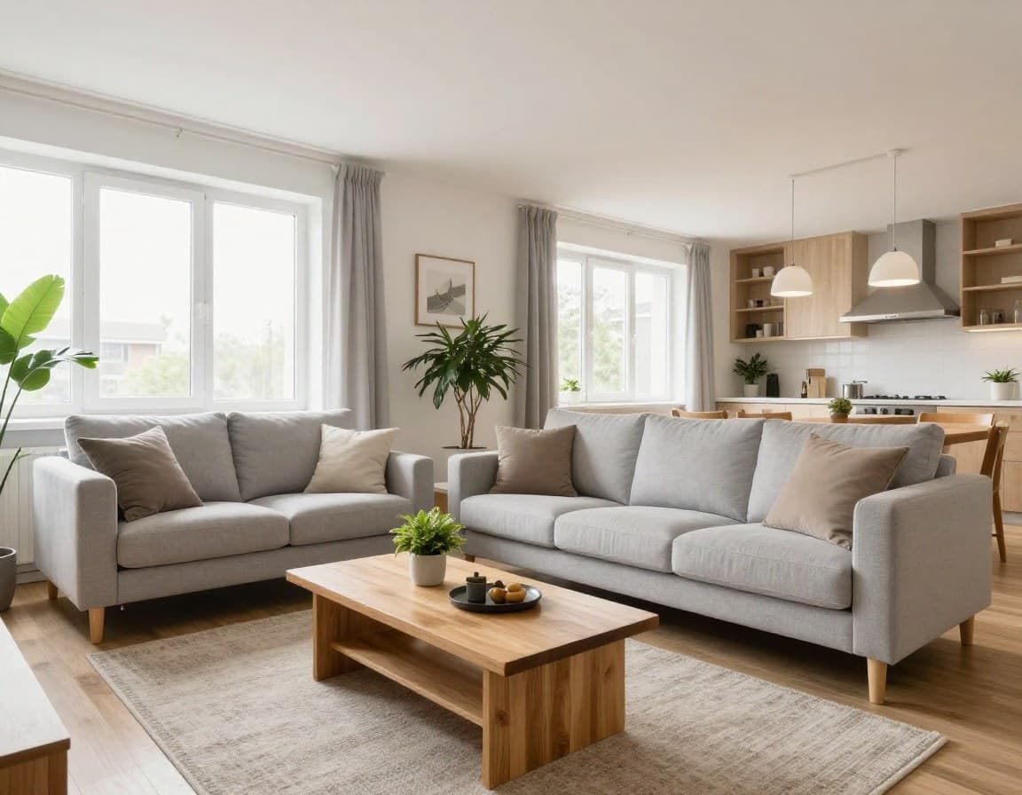 Virtuell gestagetes Wohnzimmer mit modernen Möbeln — professionelle Verkaufspräsentation