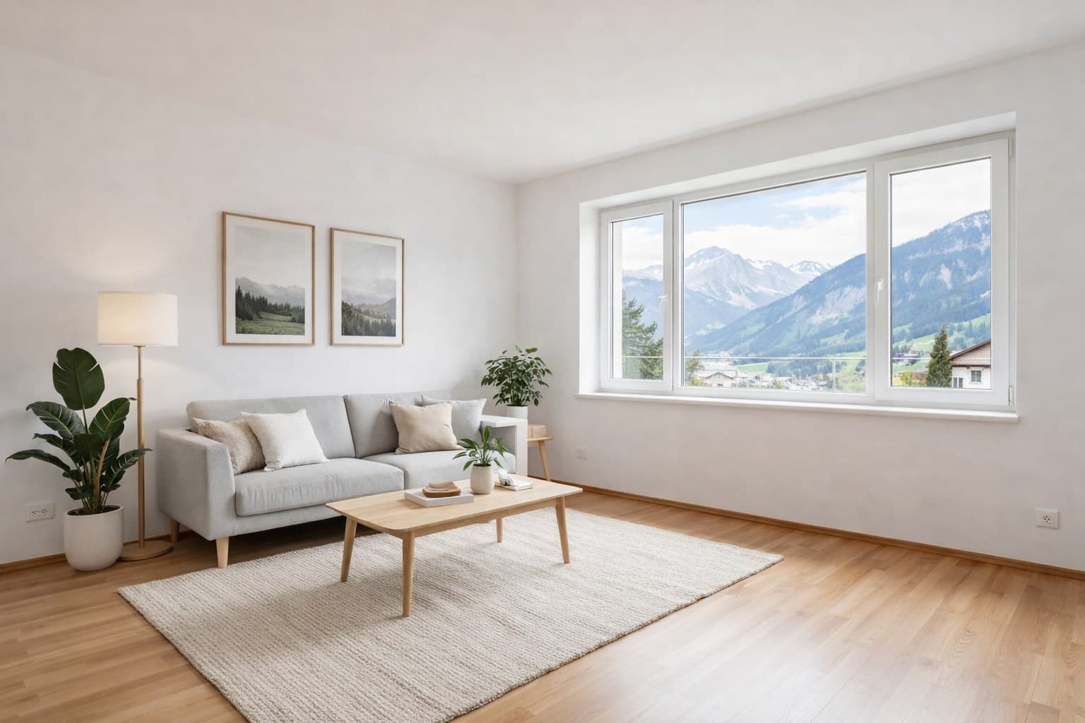 Dasselbe Wohnzimmer nach dem Virtual Staging mit modernen Möbeln