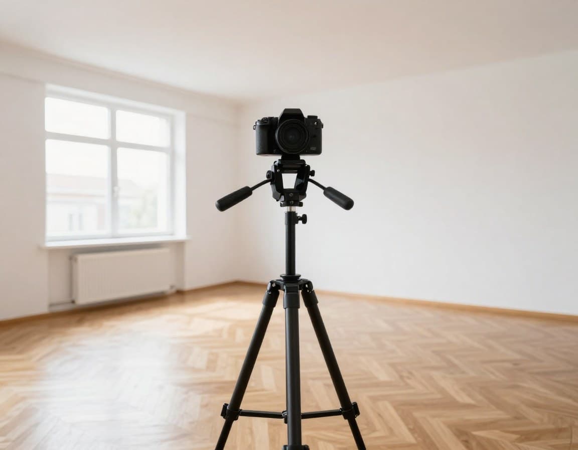 360-Grad-Kamera auf Stativ in einer leeren Immobilie für virtuelle Tour-Aufnahme