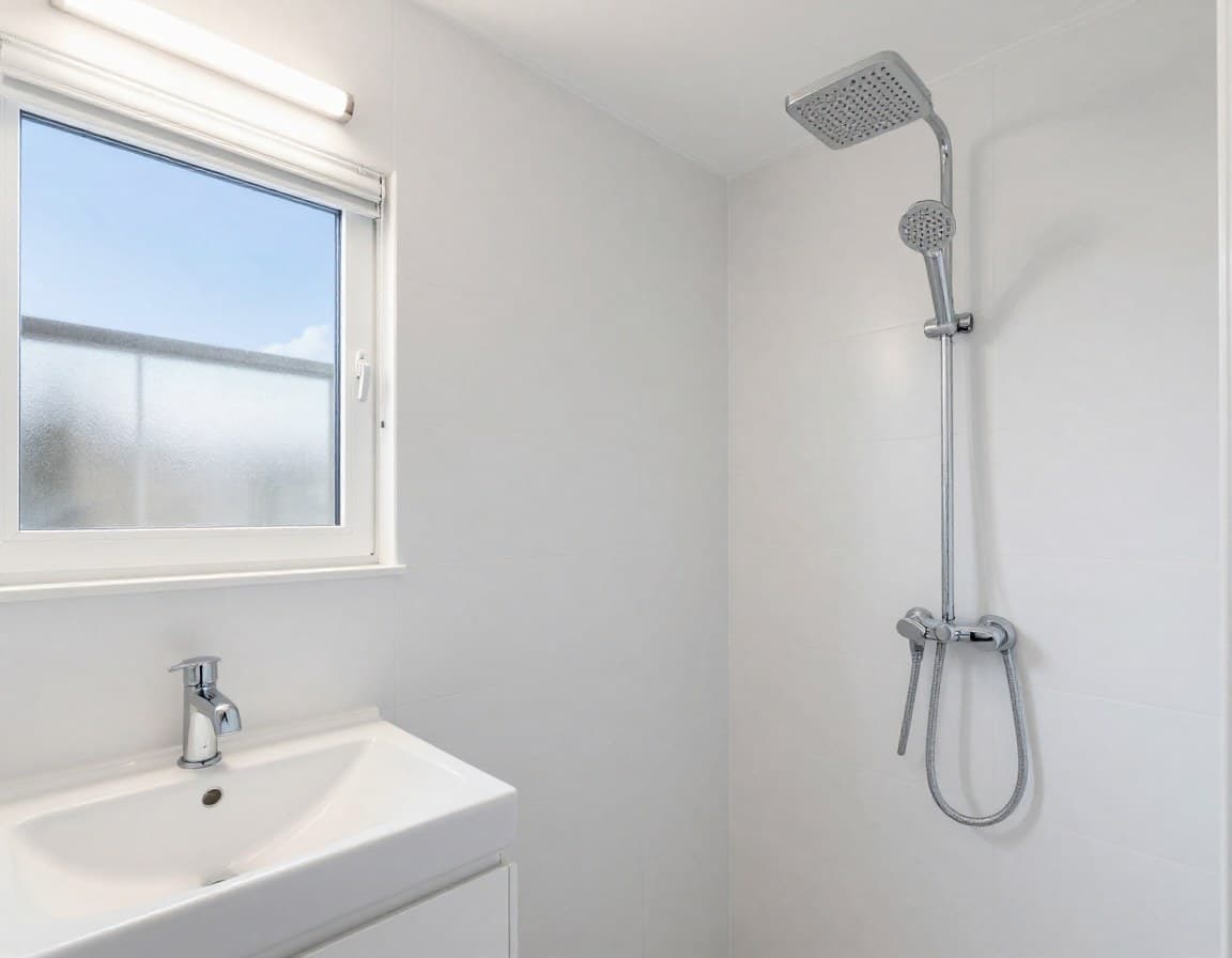 Teilsaniertes modernes Badezimmer mit neuen Armaturen und hellen Fliesen