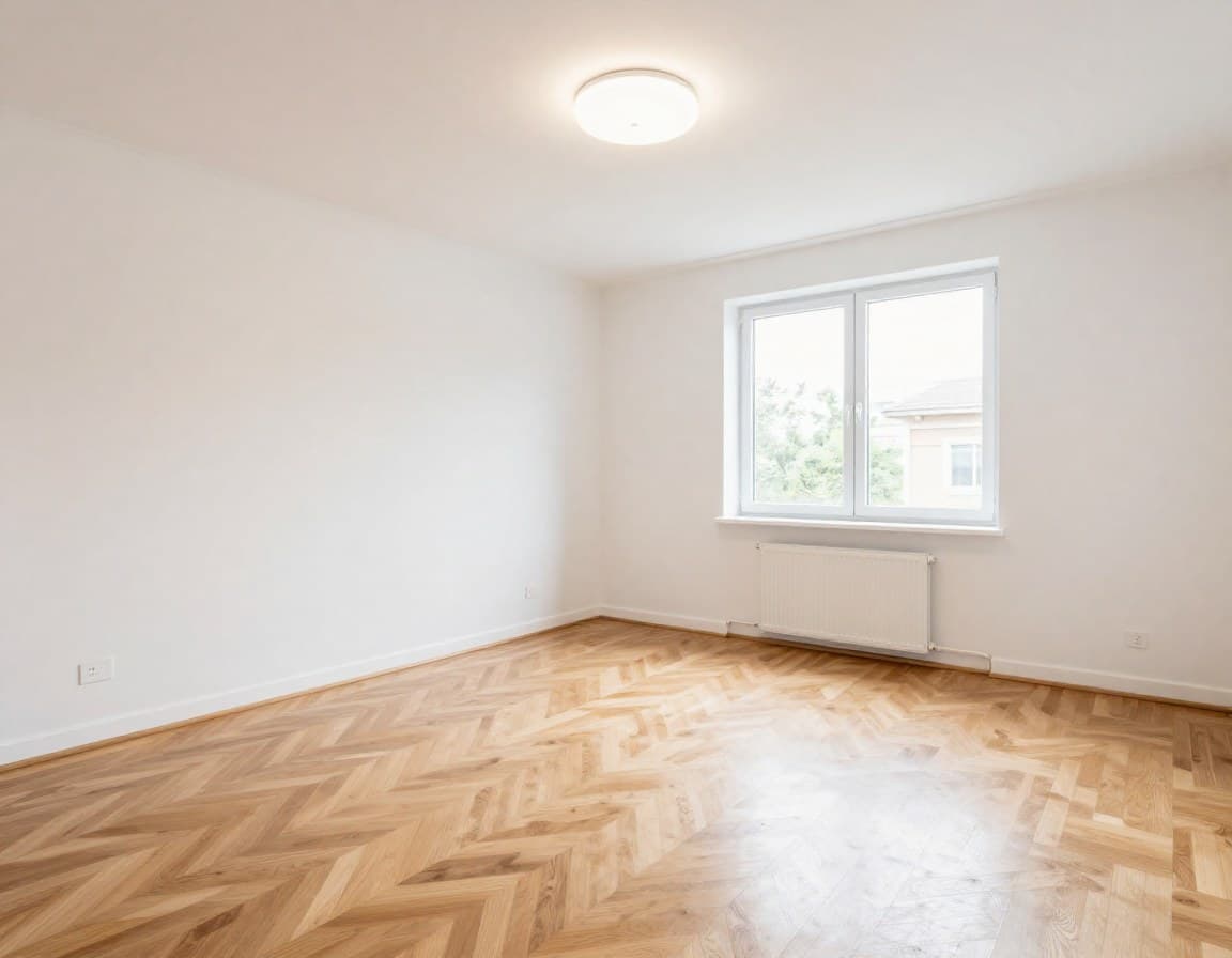 Frisch renovierter Raum mit neuen weißen Wänden und gepflegtem Parkettboden