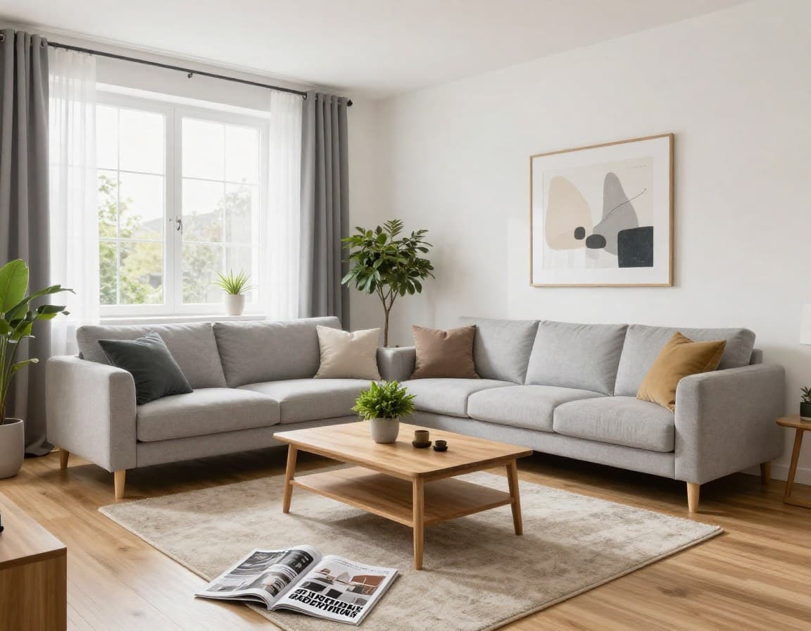 Virtuell gestagetes Wohnzimmer mit modernen Möbeln und Pflanzen