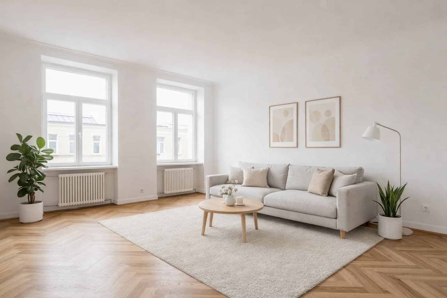 Virtual Interior Design Nachher — derselbe Raum digital eingerichtet im skandinavischen Stil