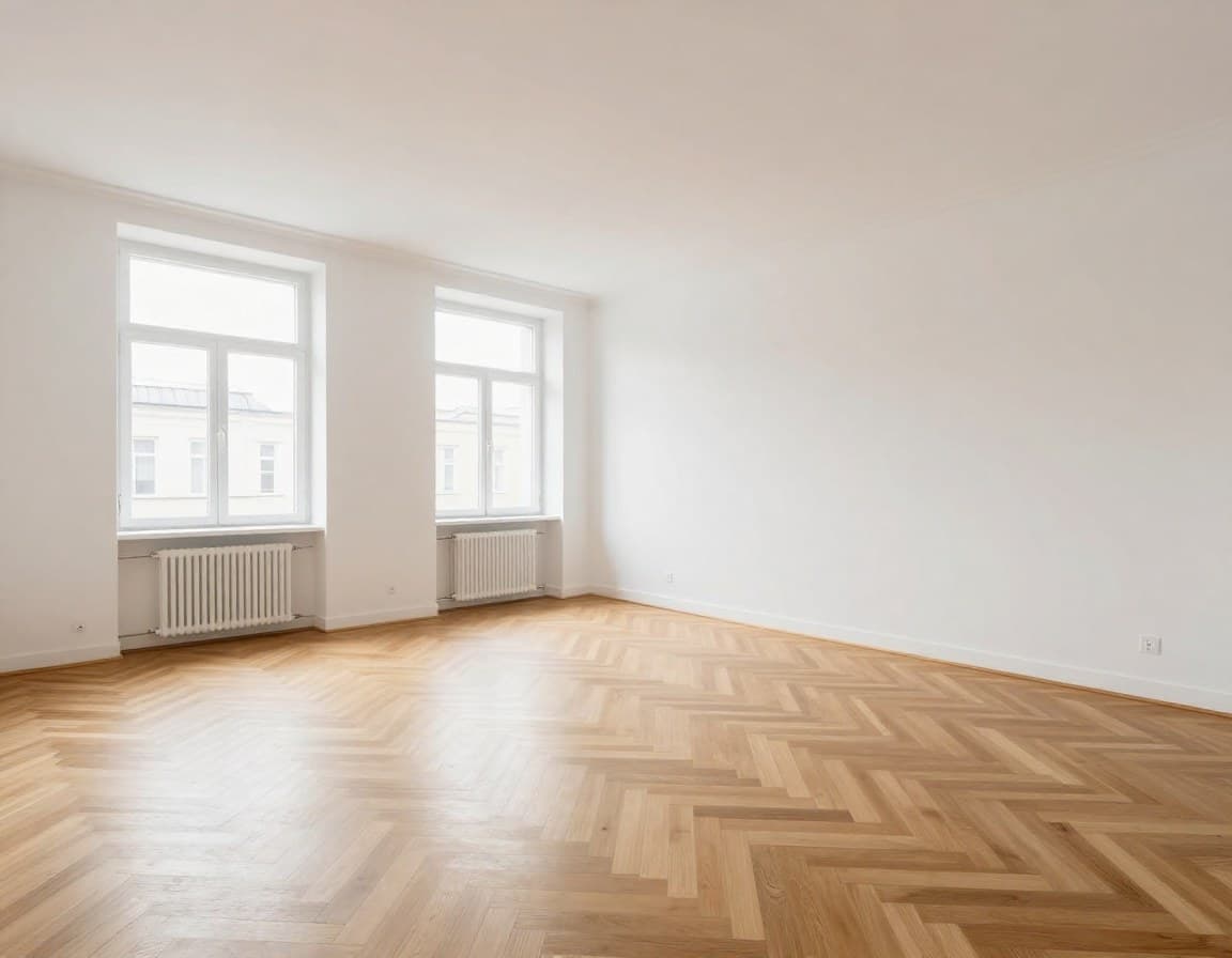 Virtual Interior Design Vorher — leerer Raum einer Berliner Altbauwohnung ohne Möbel