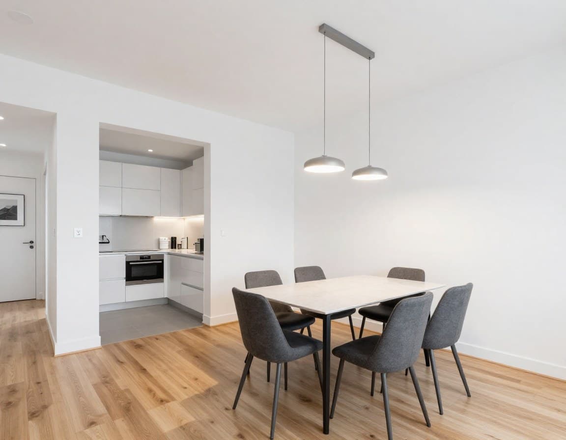 Modern gestyltes Esszimmer in Neubau-Eigentumswohnung mit offener Küche, minimalistisch, helle Töne