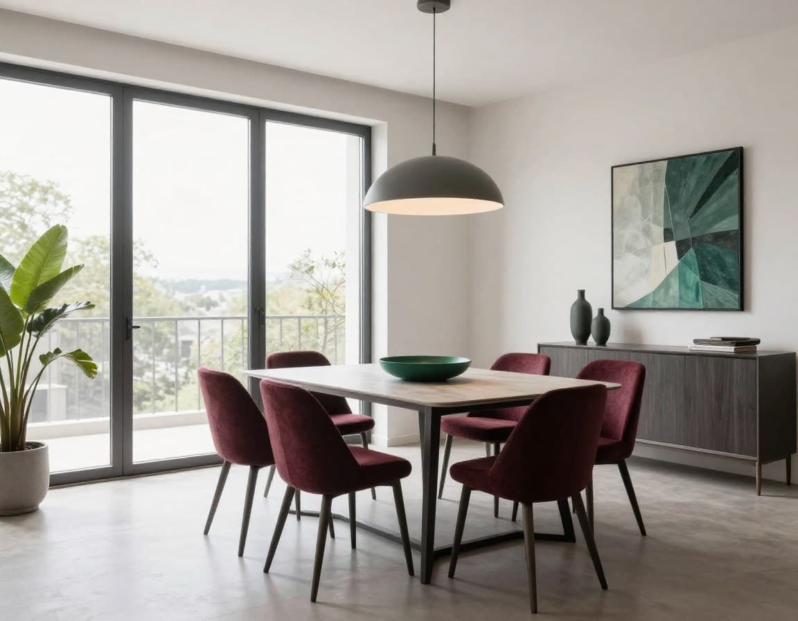 Esszimmer-Trends 2025: Organische Formen, Burgundy-Töne, Pendelleuchten, runder Tisch