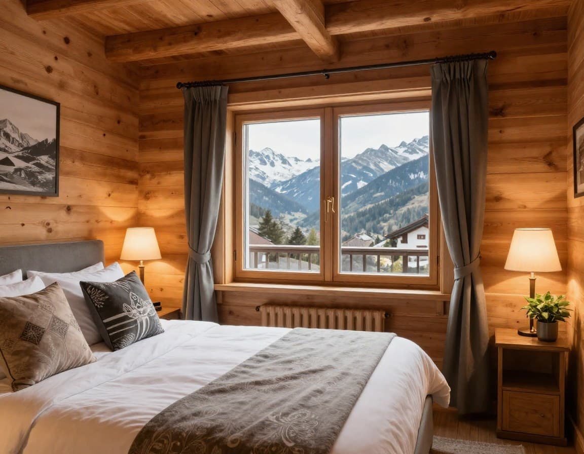 Gemütlich gestyltes Ferienwohnung-Schlafzimmer mit Bergblick und warmem Licht