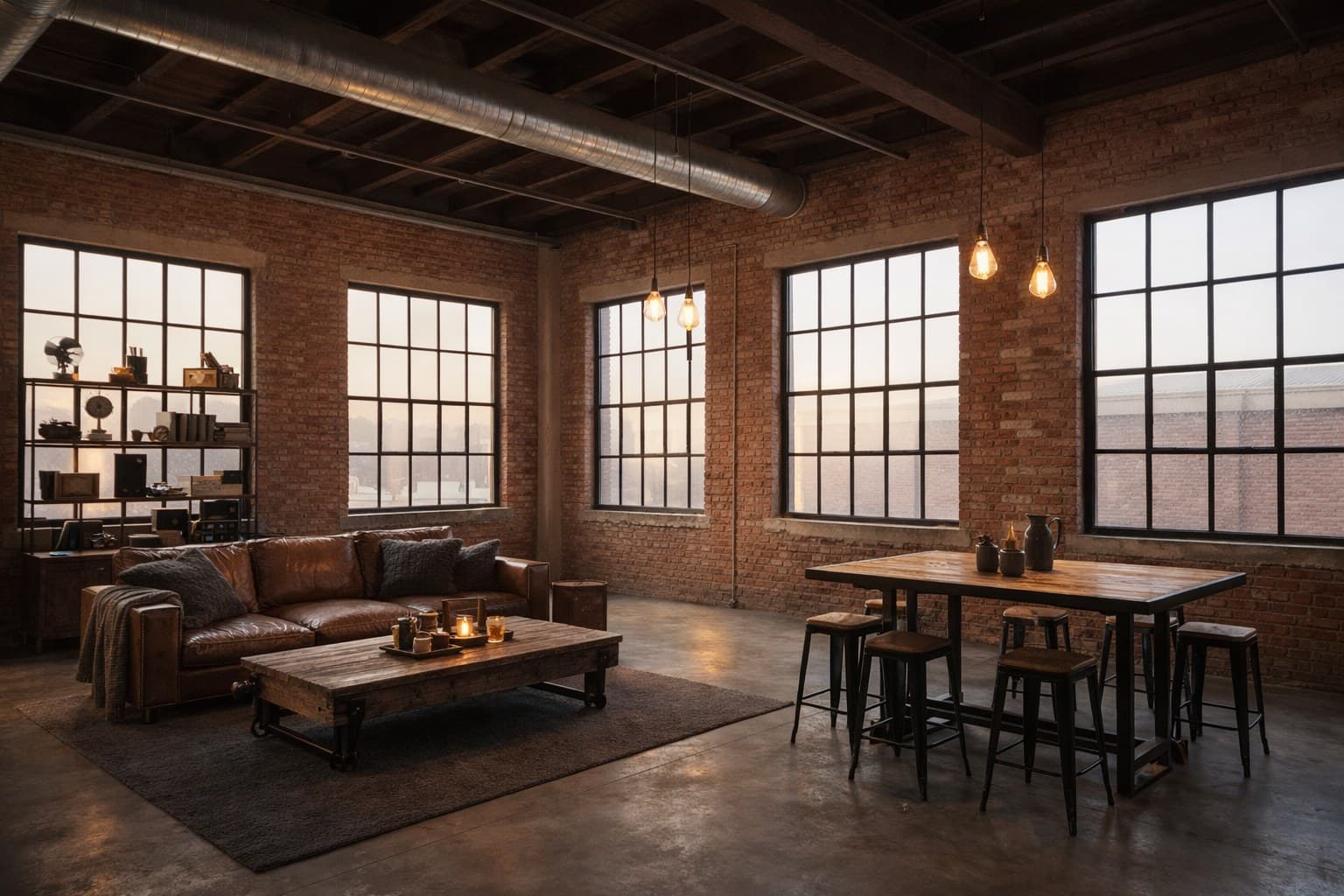 Industrial Staging Ergebnis mit Ledermöbeln, Holztisch und Edison-Leuchten — virtuell möbliert