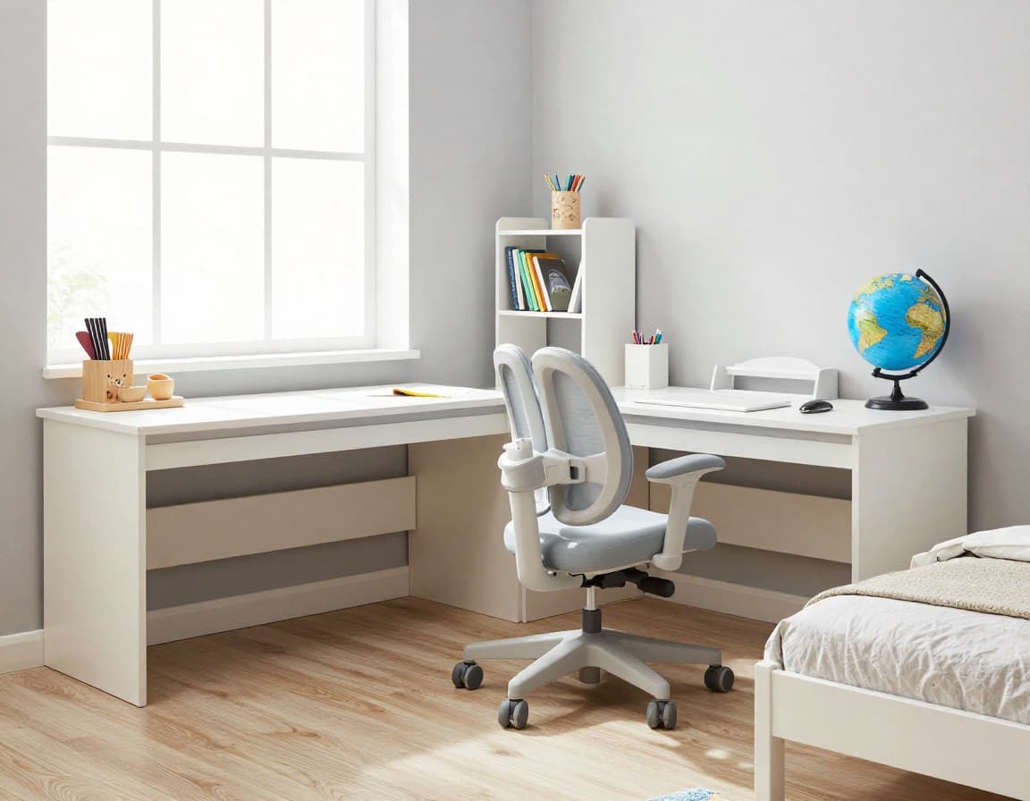 Gestagetes Schulkind-Kinderzimmer mit Schreibtisch am Fenster und modernem Bücherregal