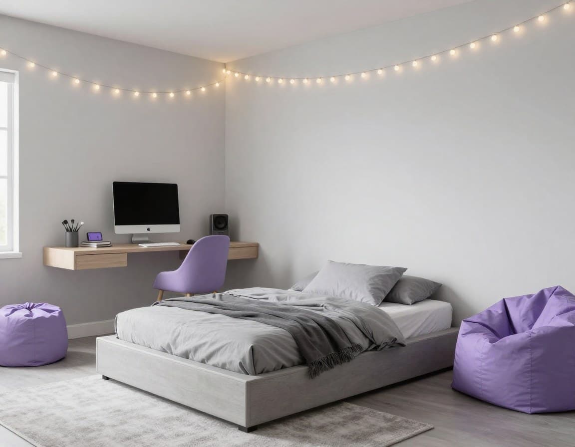 Gestagetes Teenager-Zimmer mit minimalistischem Design und Lavendel-Akzenten