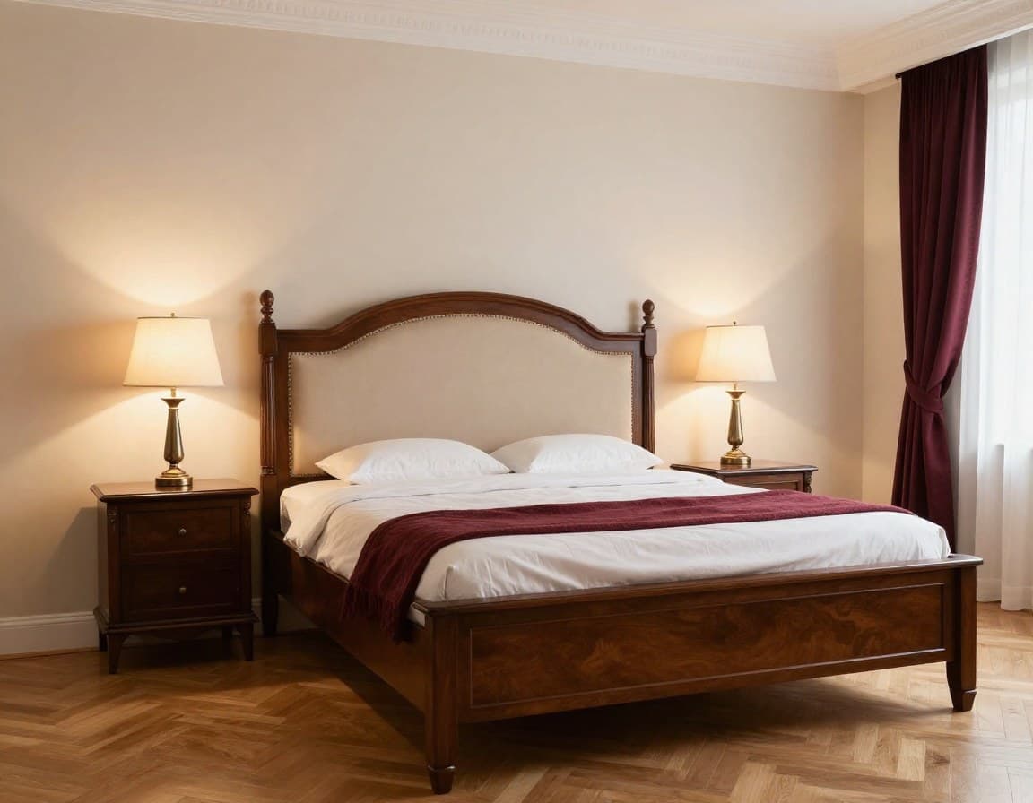 Schlafzimmer im klassischen Einrichtungsstil mit dunklem Holzbett und symmetrischen Nachttischen