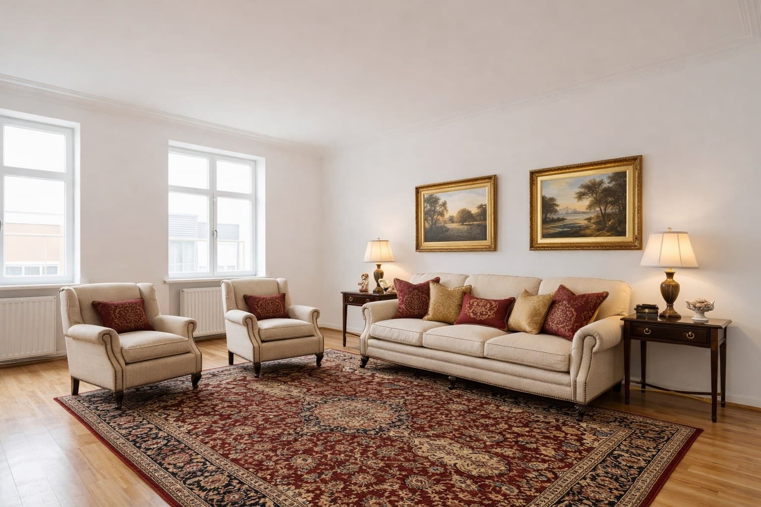 Derselbe Raum nach klassischem Virtual Staging mit Symmetrie und edlen Hölzern