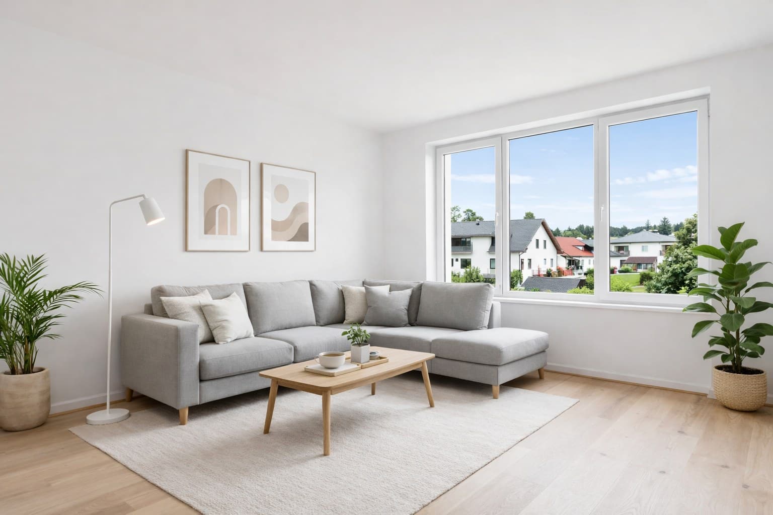 Dieselbe Neubau-Wohnung nach Virtual Staging — modern eingerichtet mit Sofa und Dekoration