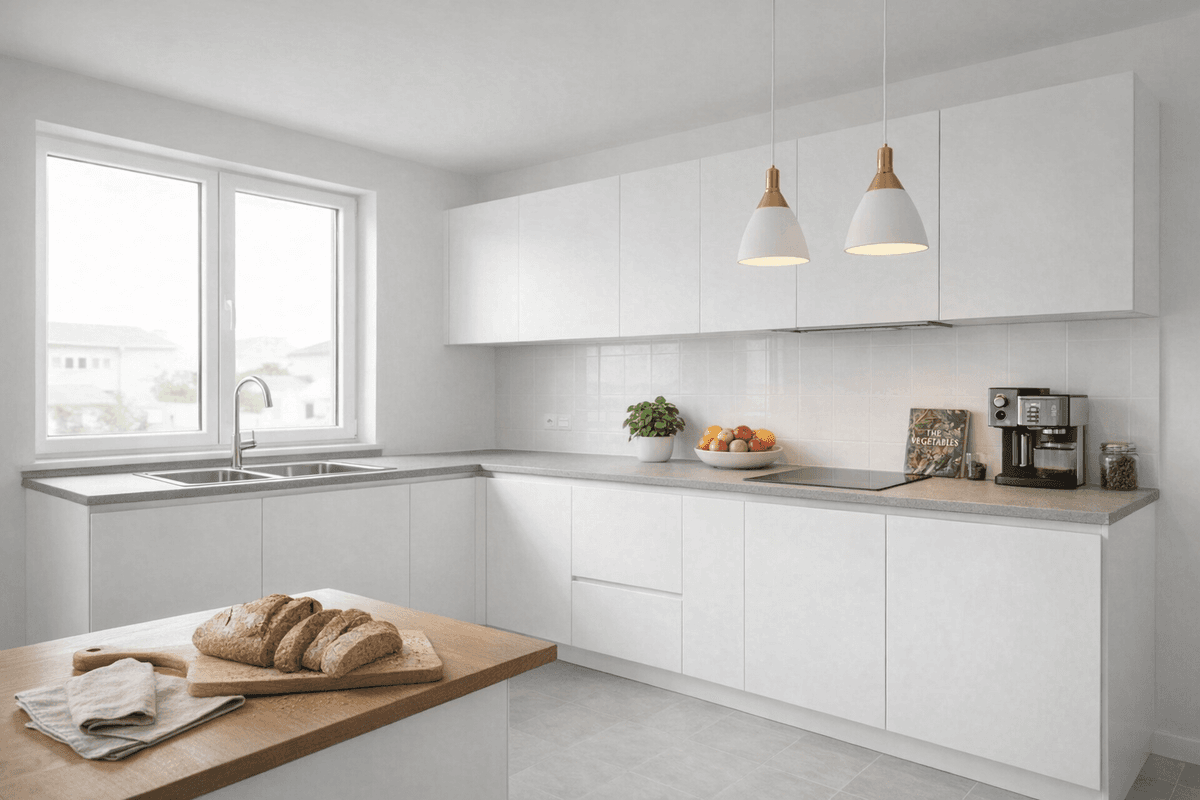 Küche virtuell eingerichtet mit Küchenutensilien und dekorativen Elementen