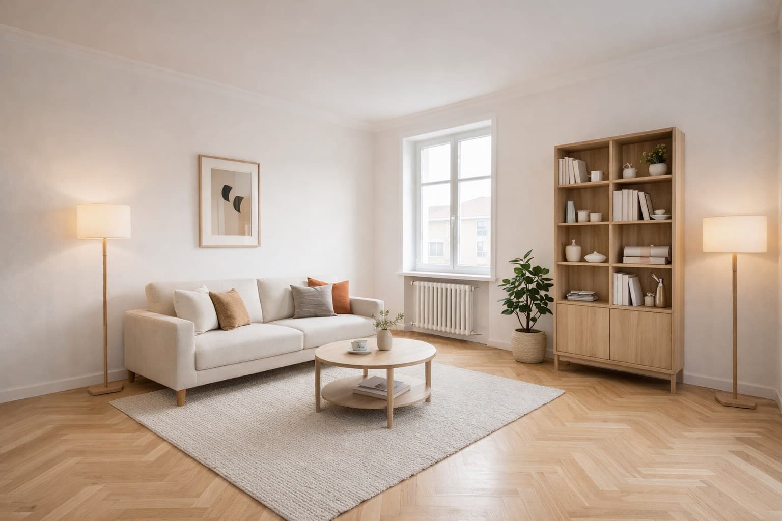Wohnzimmer nach Virtual Renovation — moderne Möbel und frische Wände