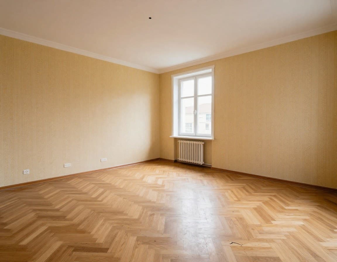 Wohnzimmer vor Virtual Renovation — veraltete Tapete und abgenutzter Boden