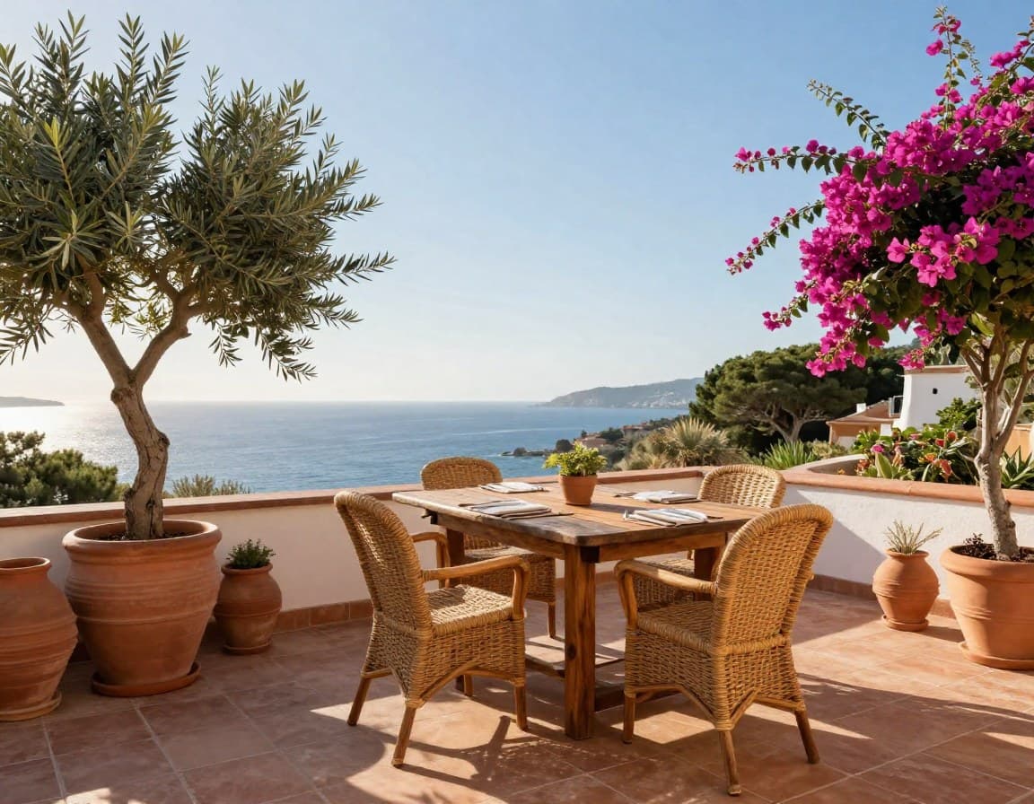 Große Dachterrasse mit mediterranem Staging, Outdoor-Küche und Feuerstelle
