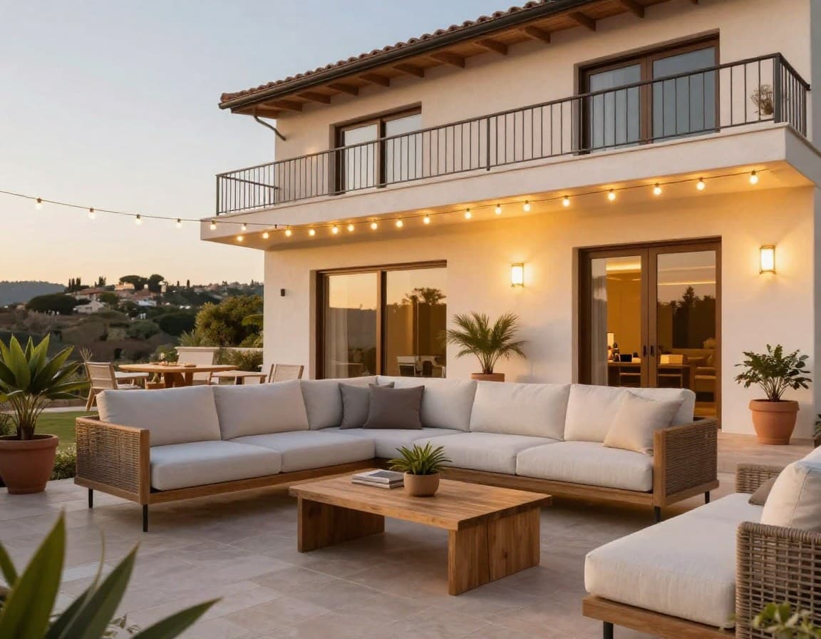 Kleine Terrasse mit modernem Virtual Staging, Bistro-Tisch und Pflanzen