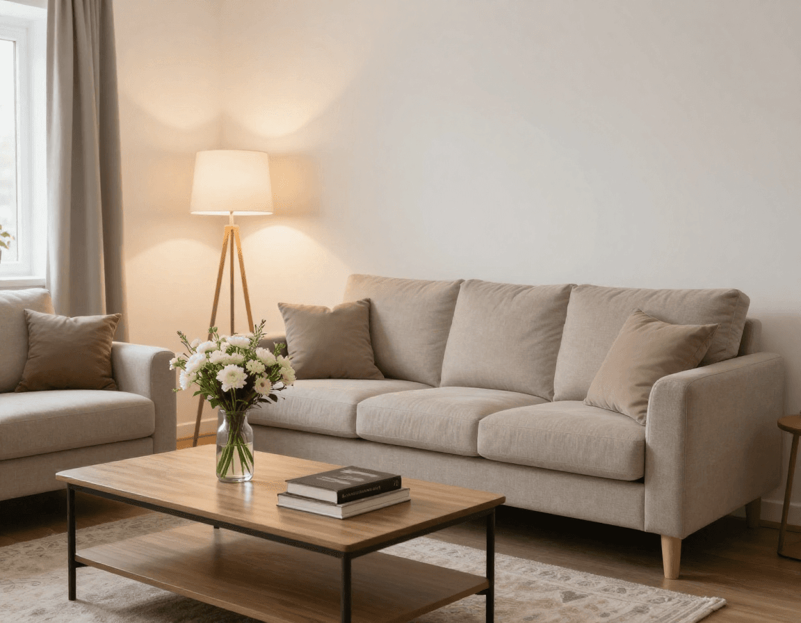 Physisches Home Staging: Wohnzimmer mit echten Möbeln eingerichtet