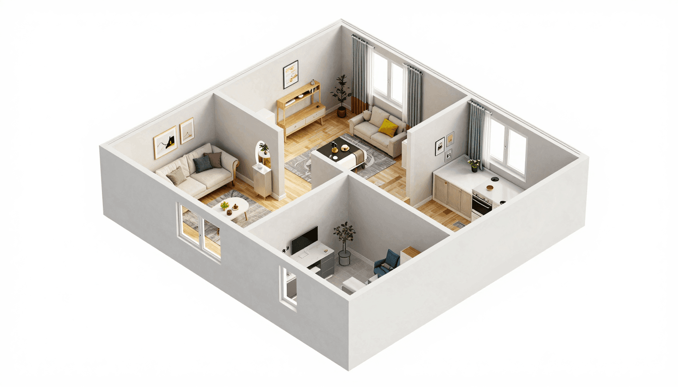 3D-Grundriss einer 4-Zimmer-Wohnung mit eingerichteten Räumen aus Vogelperspektive