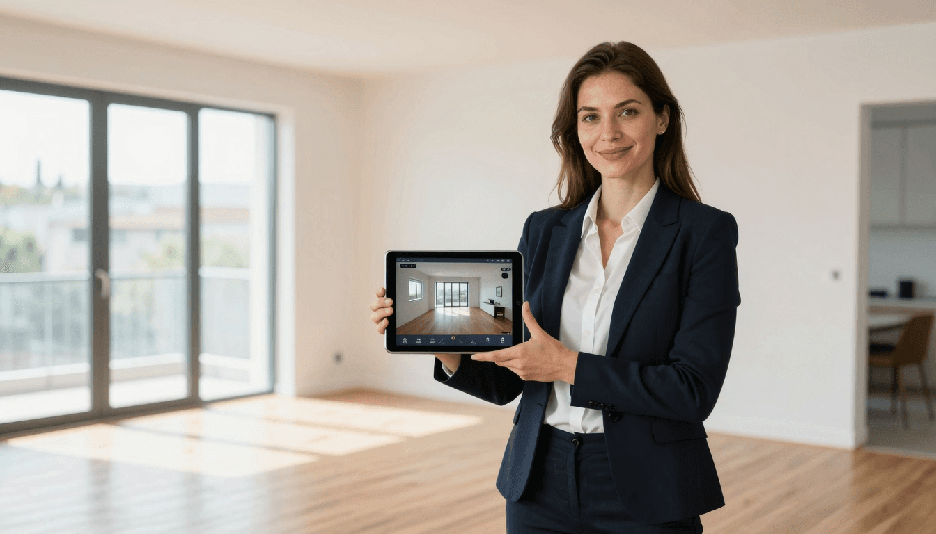 Immobilienmaklerin mit Tablet zeigt eine virtuelle Tour vor Ort in einer leeren Wohnung