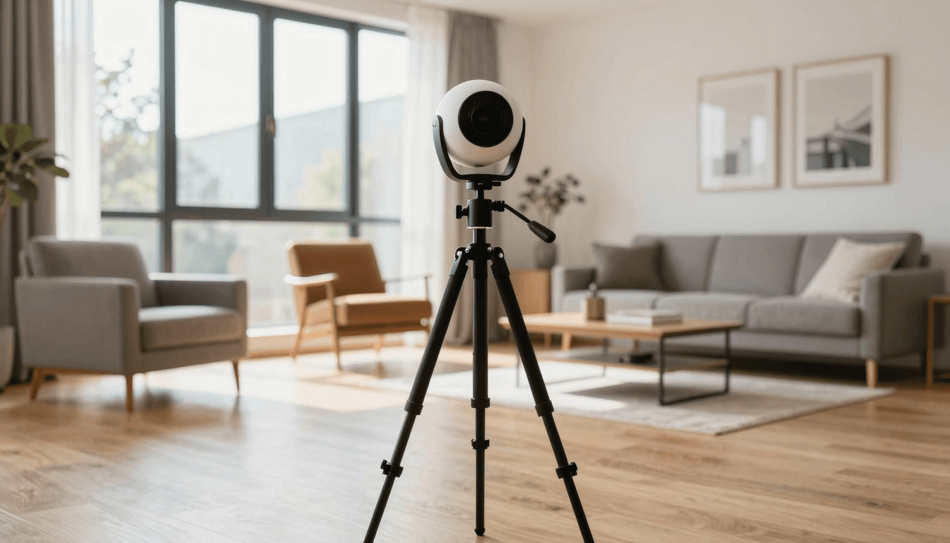 Modernes Wohnzimmer mit 360-Grad-Kamera auf Stativ für eine virtuelle Immobilien-Besichtigung