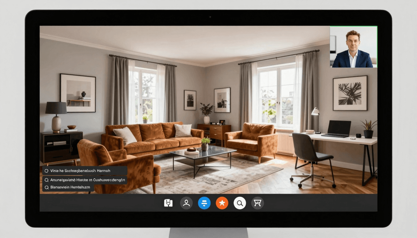 Bildschirm mit Live-Video-Tour einer Immobilie — Maklerin kleines Webcam-Bild oben rechts, große Panoramaansicht eines Wohnzimmers