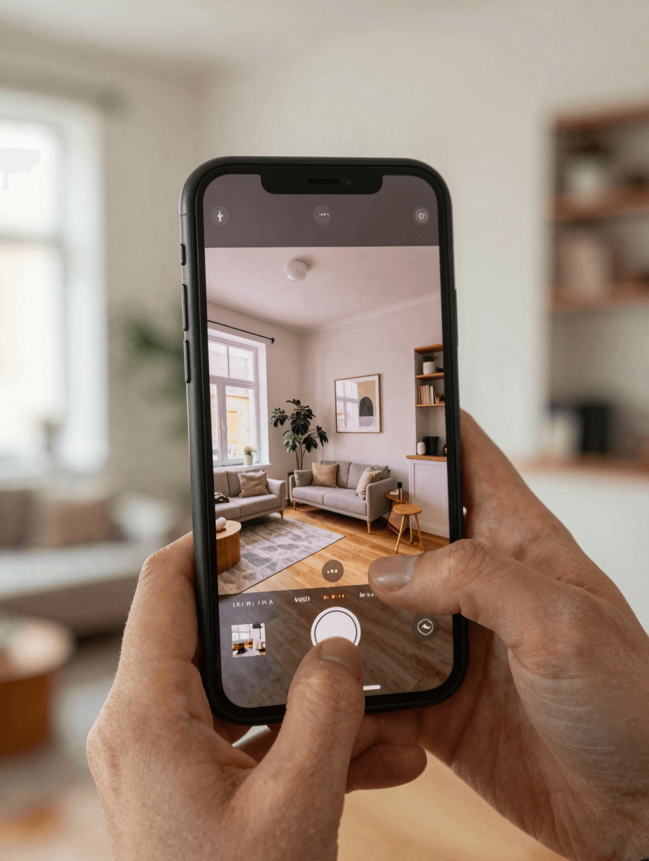 Smartphone zeigt eine virtuelle Wohnungstour — Käufer navigiert per Touch durch die Räume