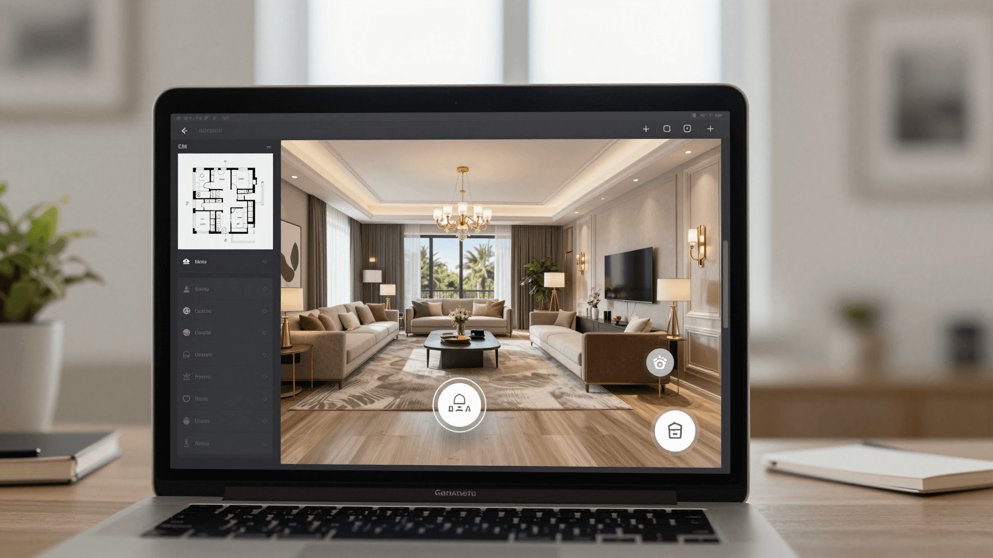Laptop-Bildschirm mit 360-Grad-Tour-Interface einer Immobilie inklusive Grundriss-Sidebar